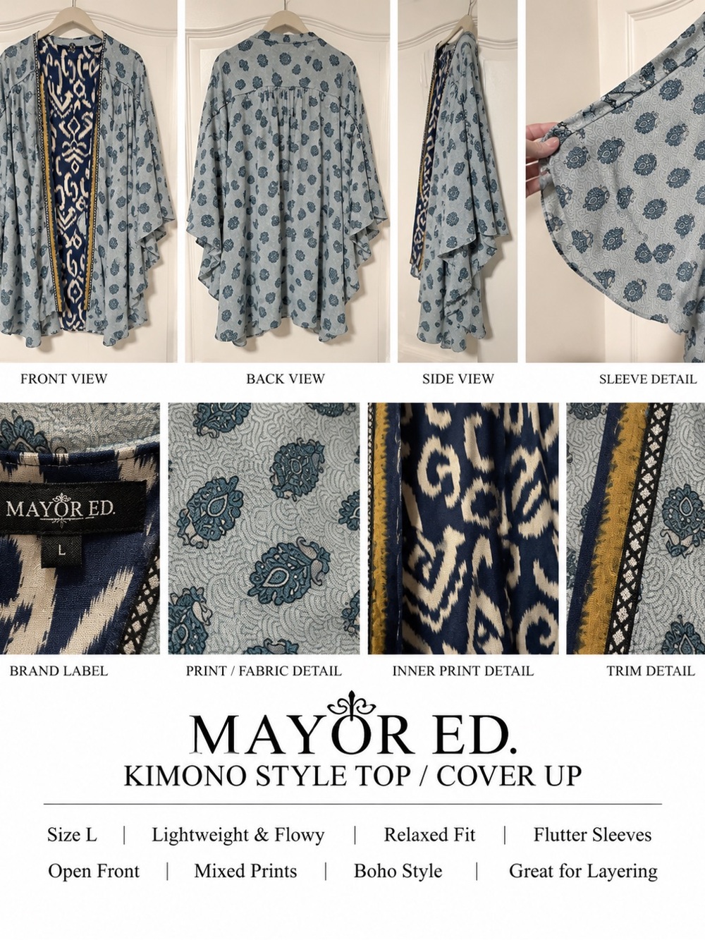 Light Blue Printed Kimono Top - Boho Cover-Up